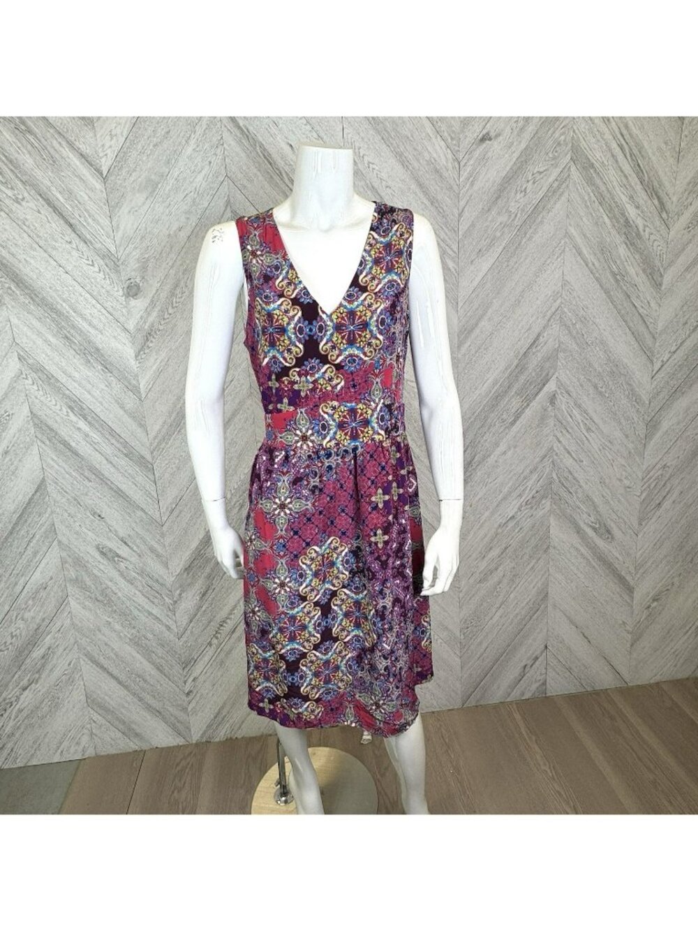Garnet Hill 100% Silk Dress Womens Size 14 Purple Floral Sleeveless V-Neck Lined
